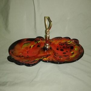 Mid Century MCM Drip Glaze Serving Tray Dish With Handle USA 11 5/8" Long 7" W